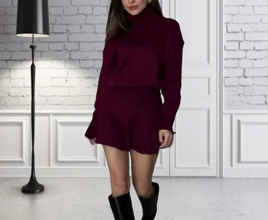 Damen Oversized Strickpullover mit hochwertiger Rippstruktur und passendem Minirock R&B