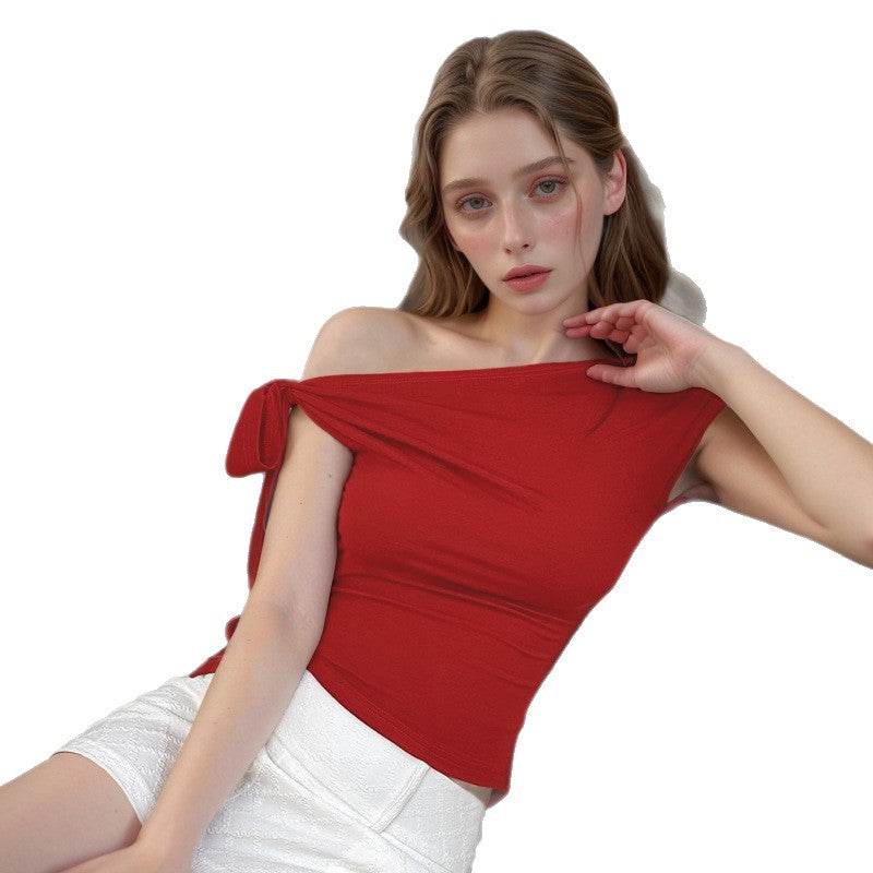 Damen Off-Shoulder Oberteil mit lässiger Schnittführung und dekorativem Knoten R&B