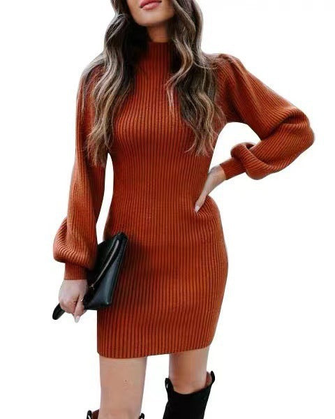 Damen Strickkleid mit hohem Kragen und Puffärmeln R&B