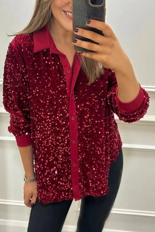 Damen nan glitzernde Pailletten-Hemdbluse mit Kragen, Knopfleiste und elastischen Manschetten R&B