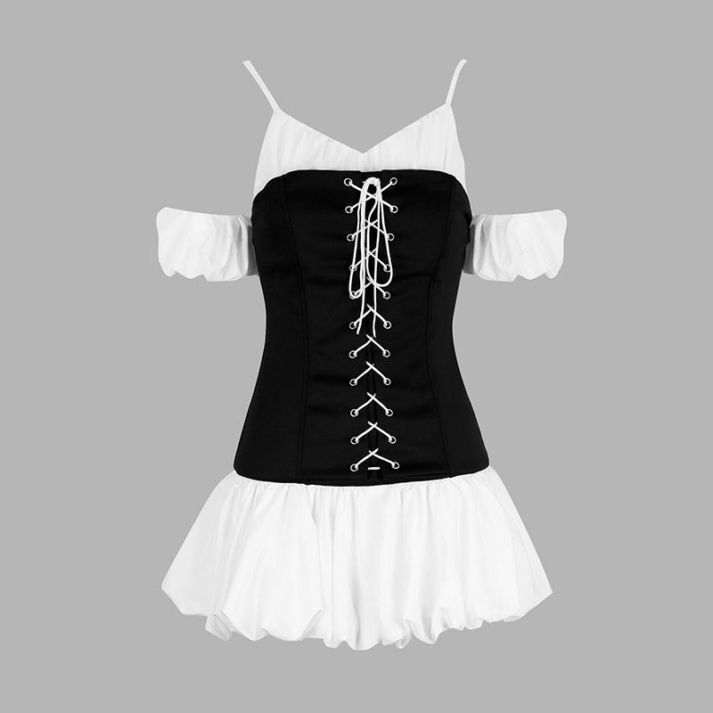 Damen Rüschenkleid mit Schnürung und abnehmbaren Trägern R&B
