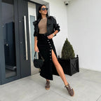 Damen Langer Jeansrock mit seitlichem Schlitz und modischen Knopfdetails R&B