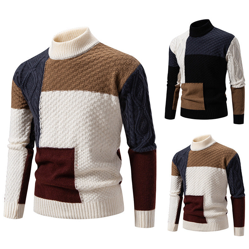 Herren modischer Rollkragenpullover mit modernem Zopfmuster und Farbblockdesign R&B