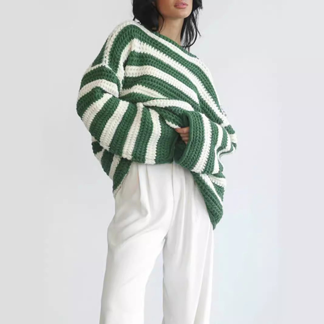 Damen lässiger gehäkelter Pullover mit modernen Blockstreifen R&B