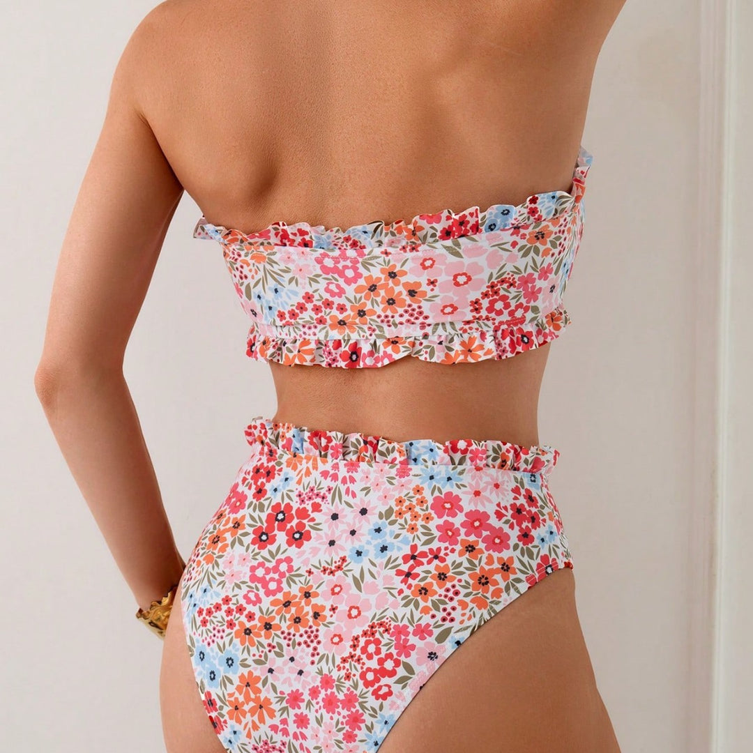 Damen Bikini-Set mit romantischen Rüschendetails und hohem Taillenbund R&B