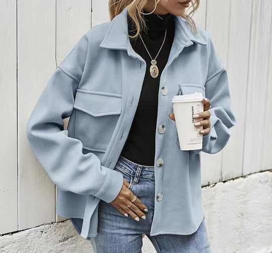 Damen Modische Oversized-Jacke mit Taschen und Knopfverschluss R&B