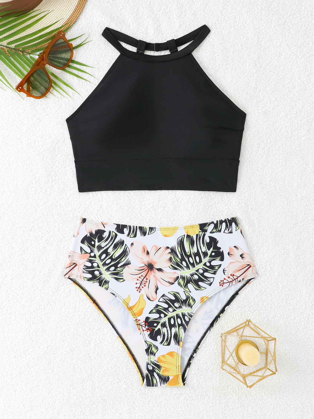 Damen Sportlicher Bikini-Set mit hohem Bund und rückenfreier Oberseite R&B