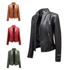 Damen modische Kunstlederjacke mit elegantem Stehkragen und praktischen Reißverschlusstaschen