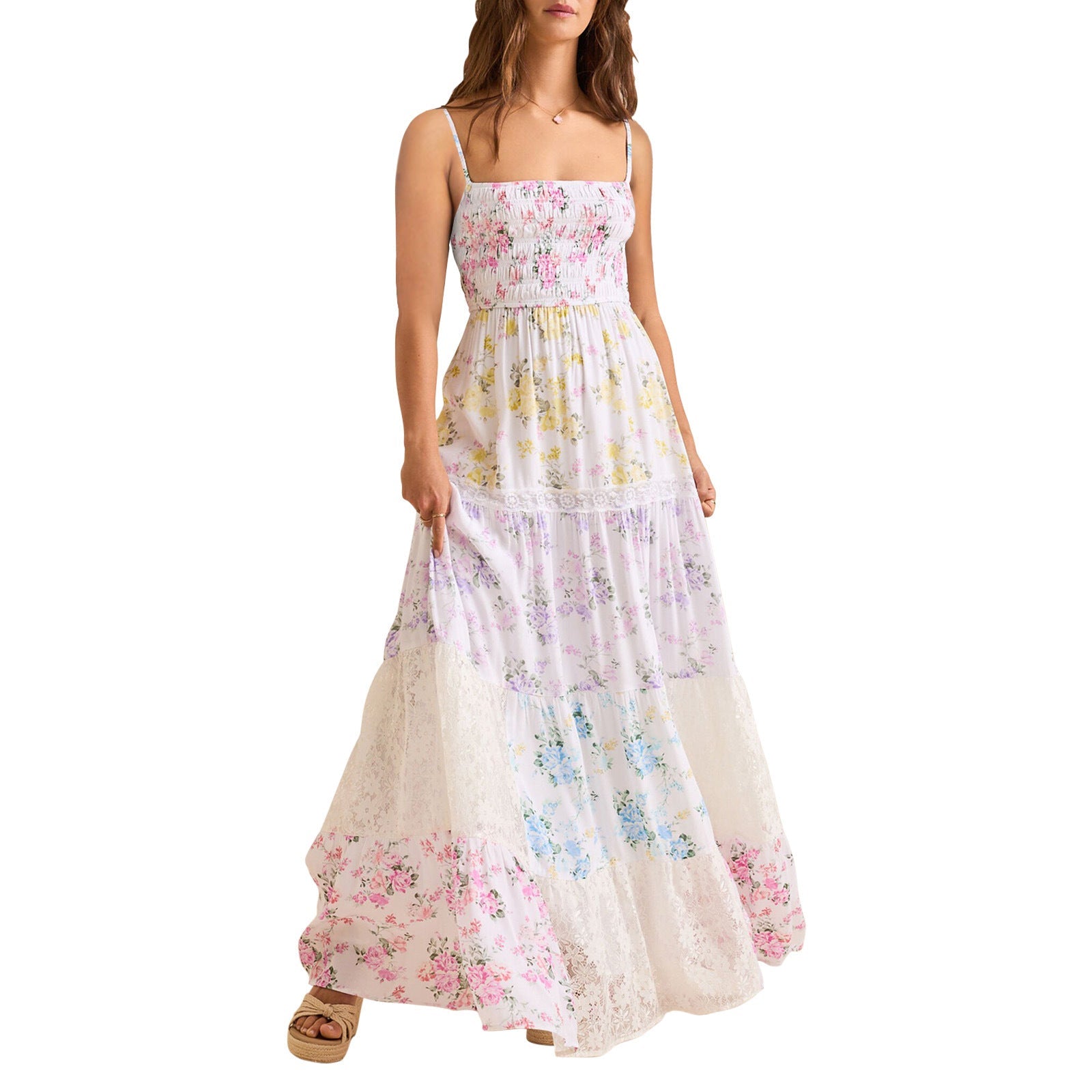 Damen Boho Maxikleid mit elastischem Oberteil und Spitzenakzenten R&B