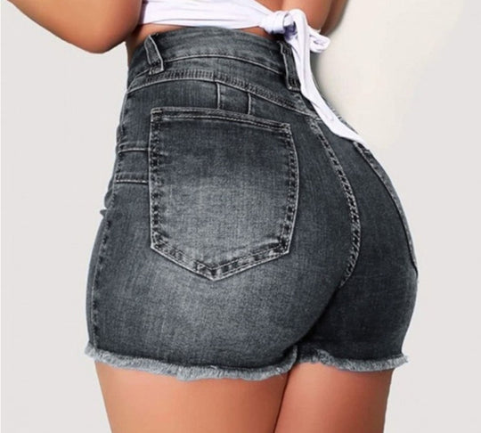 Damen Hoch taillierte Denim-Shorts mit fransigem Saum und figurschmeichelndem Schnitt R&B