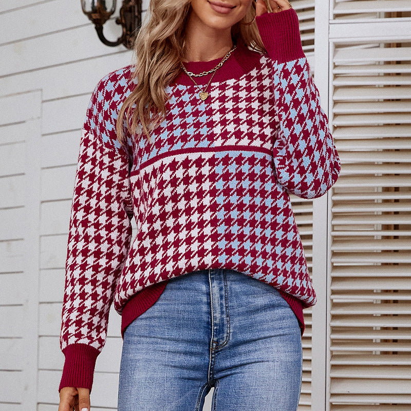 Damen kuscheliger Strickpullover mit trendigem Karomuster und weitem Schnitt