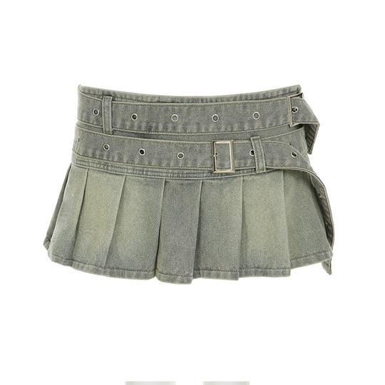 Damen Denim-Rock mit voluminösem Falten-Design und tailliertem Gürtel R&B