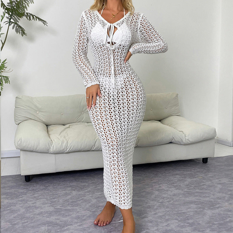 Damen luftiges Häkel-Strandkleid mit V-Ausschnitt und Schnüroptik R&B