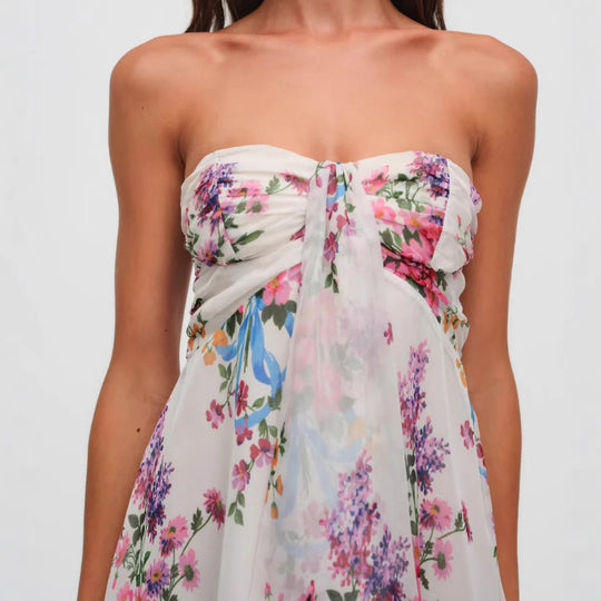 Damen nan trägerloses Chiffon-Sommerkleid mit Blumenmuster Bandeau-Oberteil und Volantbesatz R&B
