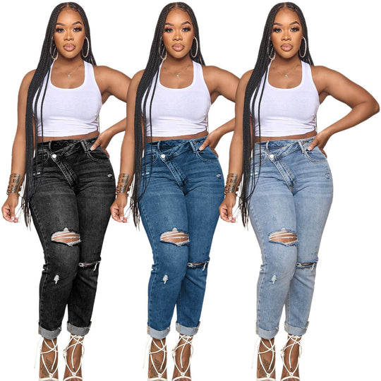 Damen lässige Mom-Jeans mit trendigen Rissen R&B