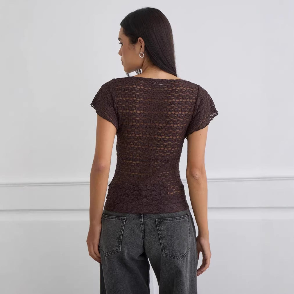 Damen Verspieltes Spitzenoberteil mit fließendem Design und kurzen Puffärmeln R&B