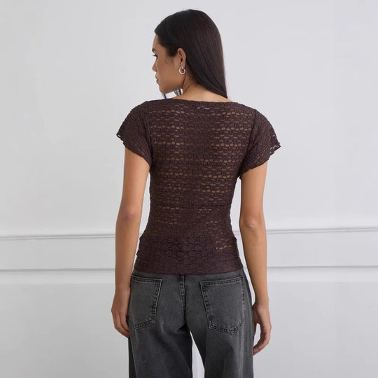 Damen Verspieltes Spitzenoberteil mit fließendem Design und kurzen Puffärmeln R&B