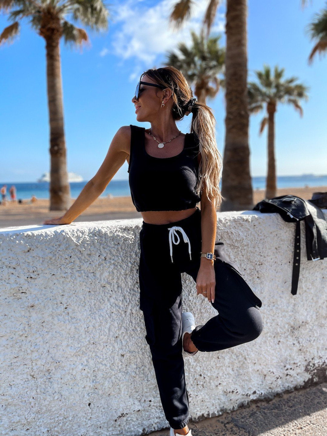 Damen lässiges Crop-Top und Jogginghose-Set mit verstellbarem Kordelzug R&B