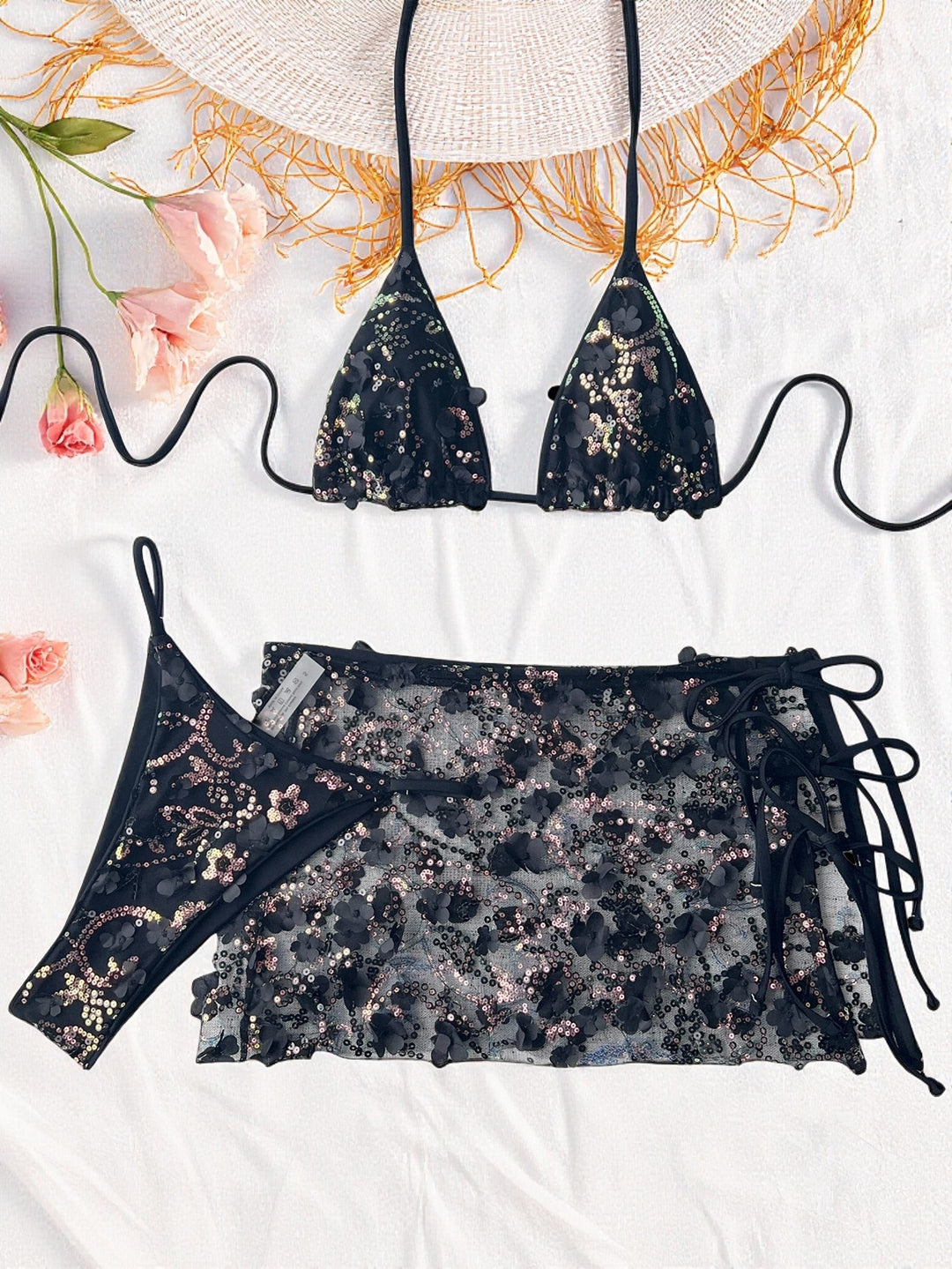 Damen Blumenmuster Triangel-Bikini mit transparentem Überrock R&B
