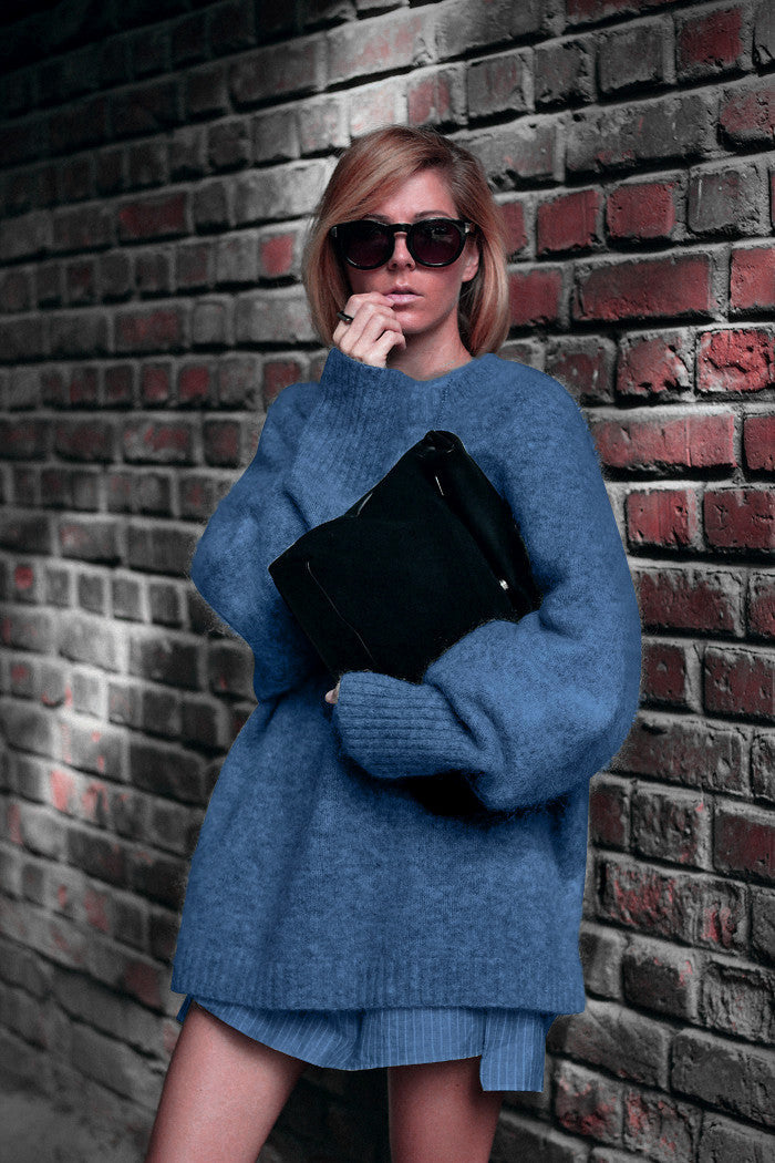 Damen Oversized Strickpullover mit hochabschließendem Kragen und voluminösen Ärmeln R&B