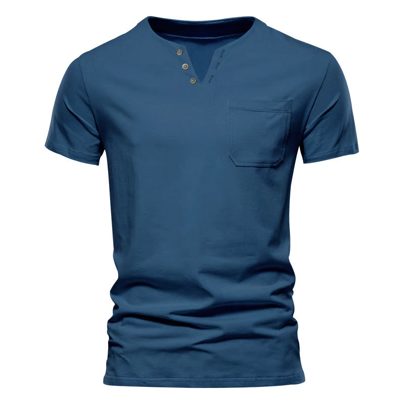 Herren nan tailliertes Kurzarm-Henleyshirt mit Brusttasche und asymmetrischer Knopfleiste R&B
