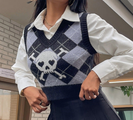 Damen Strickweste mit kreativem Totenkopf-Muster R&B