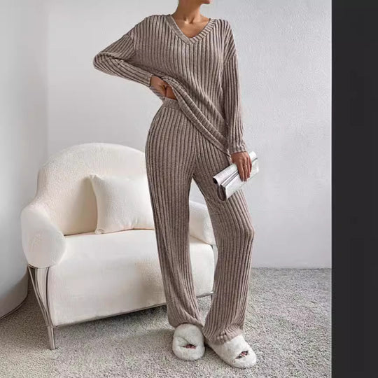 Damen Freizeit-Loungewear-Set aus weichem Rippstoff mit V-Ausschnitt R&B