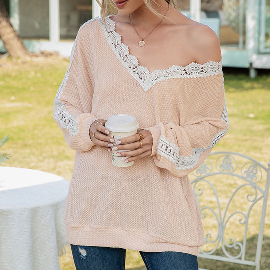 Damen lässiger Pullover mit Spitze und V-Ausschnitt R&B