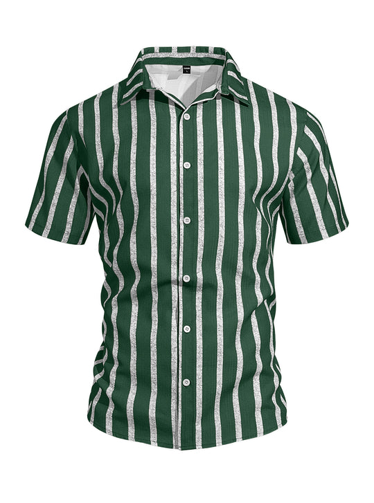 Herren nan lässiges Kurzarmhemd mit vertikalen Blockstreifen, offenem Reverskragen und leichter Baumwoll-Leinenmischung R&B