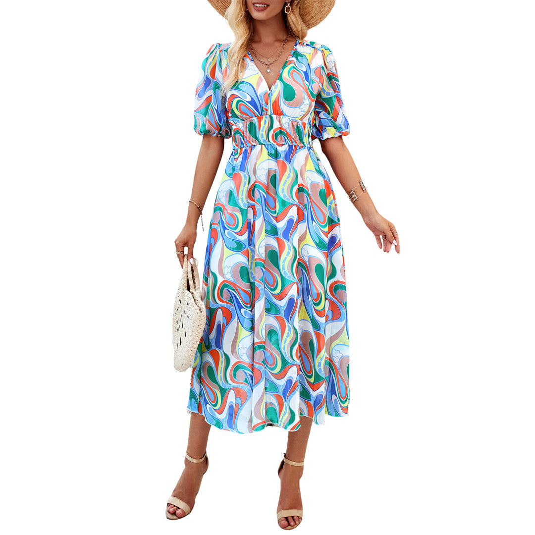 Damen Midikleid mit eleganten Puffärmeln und romantischem Blumenmuster R&B