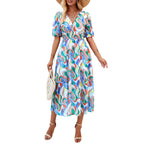 Damen Midikleid mit eleganten Puffärmeln und romantischem Blumenmuster R&B