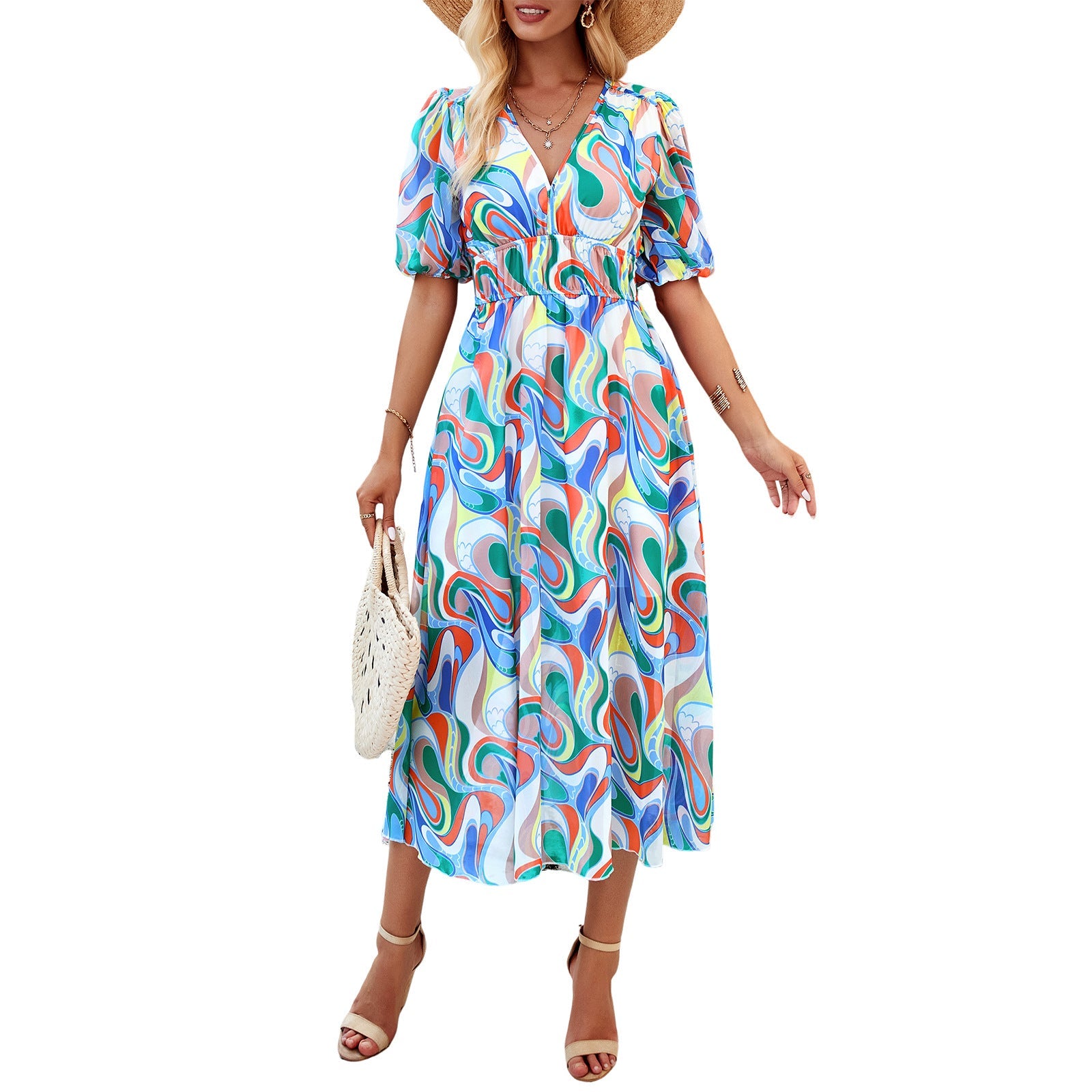 Damen Midikleid mit eleganten Puffärmeln und romantischem Blumenmuster R&B