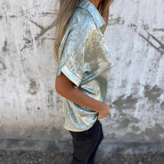 Damen Elegante und lässige Satinbluse mit kurzen Ärmeln R&B
