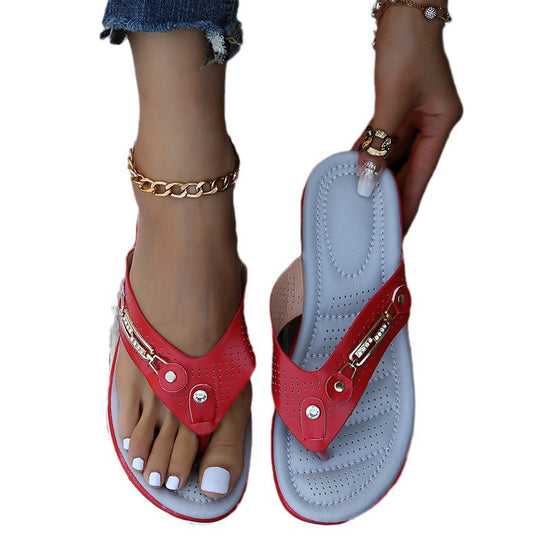 Damen Komfortable Fußbett-Zehentrenner-Sandalen mit modischen Applikationen R&B