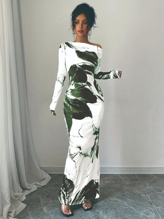 Damen Elegantes Maxikleid mit asymmetrischem Design und modernem Druck R&B