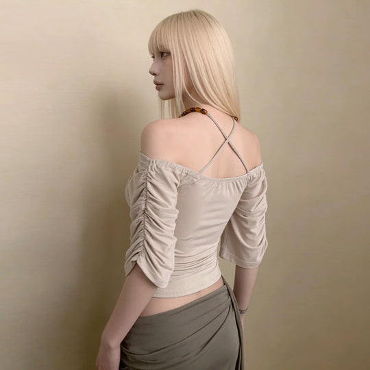 Damen Off-Shoulder Oberteil mit voluminösen Ärmeln und Dekorativem Knoten R&B