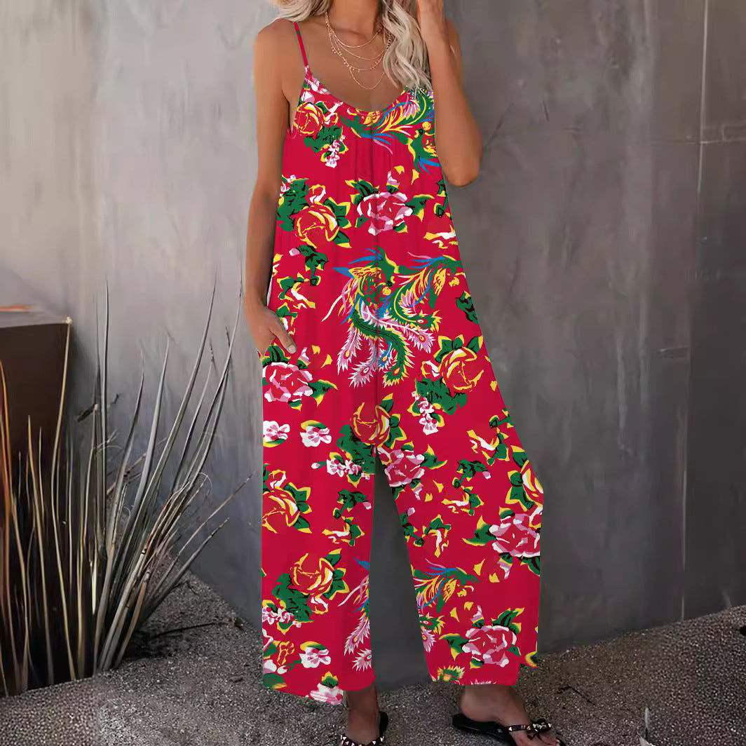 Damen Luftiger Jumpsuit mit floralem Design und verstellbaren Trägern R&B