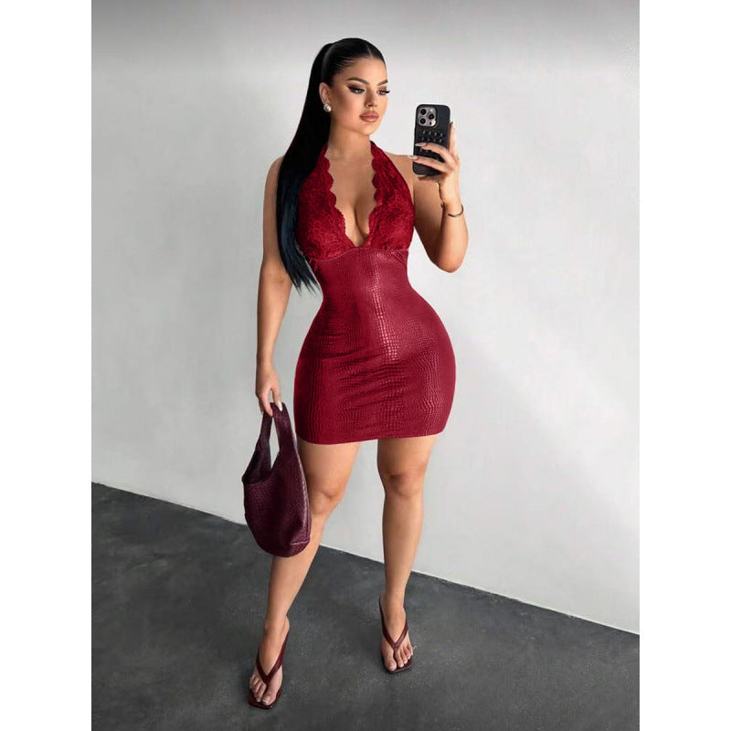 Damen Elegantes Bodycon-Kleid mit Spitzendetails und tiefem V-Ausschnitt R&B