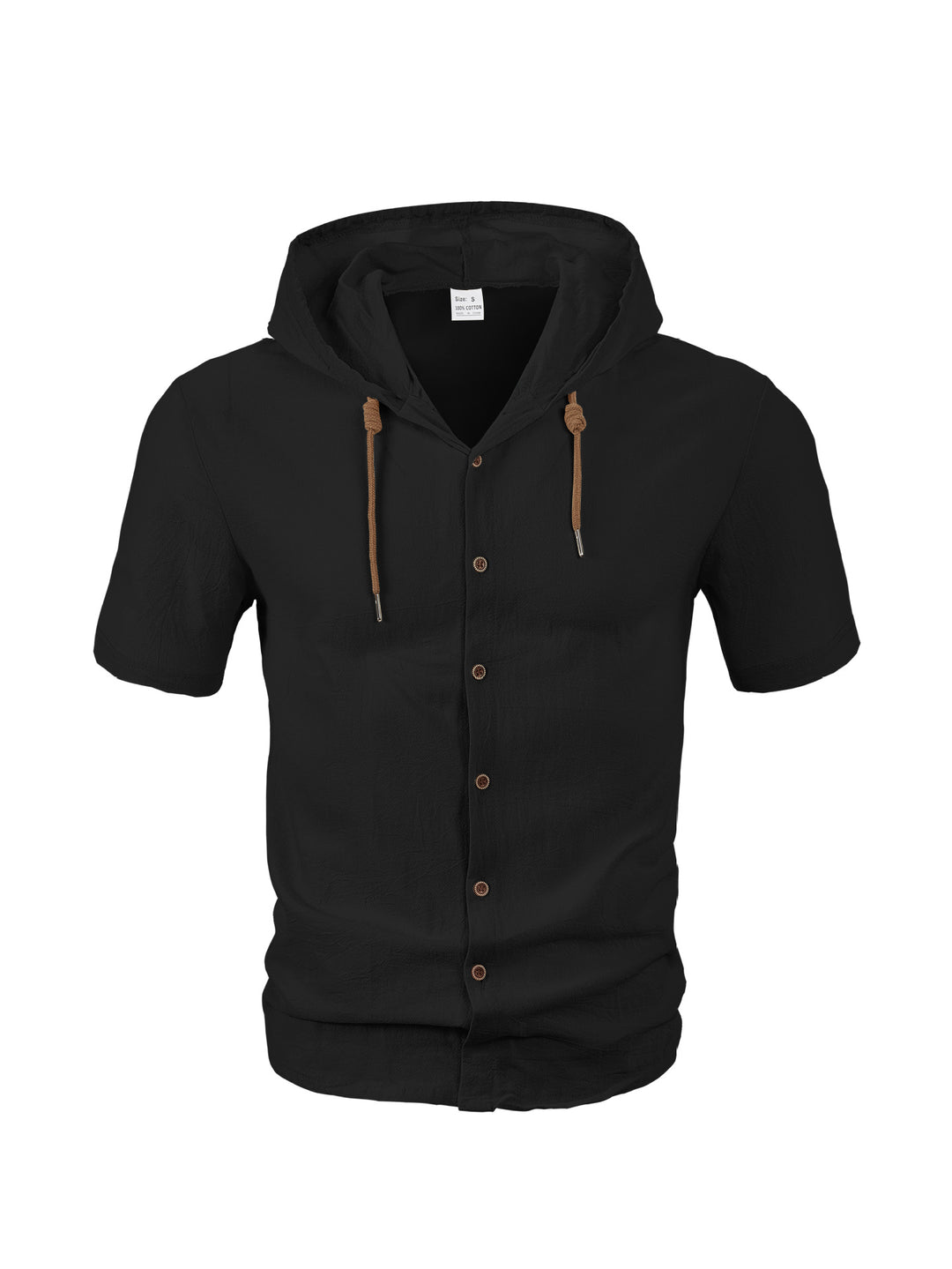 Herren nan tailliertes Kurzarm-Kapuzenshirt in Struktur-Leinenoptik mit Holzoptikknöpfen und Kordel R&B