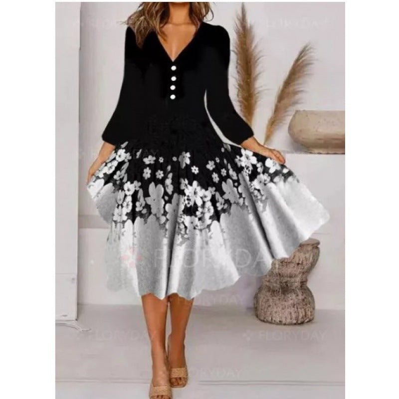 Damen V-Ausschnitt Midi-Kleid mit fließendem Rock und floralem Ärmeldesign R&B