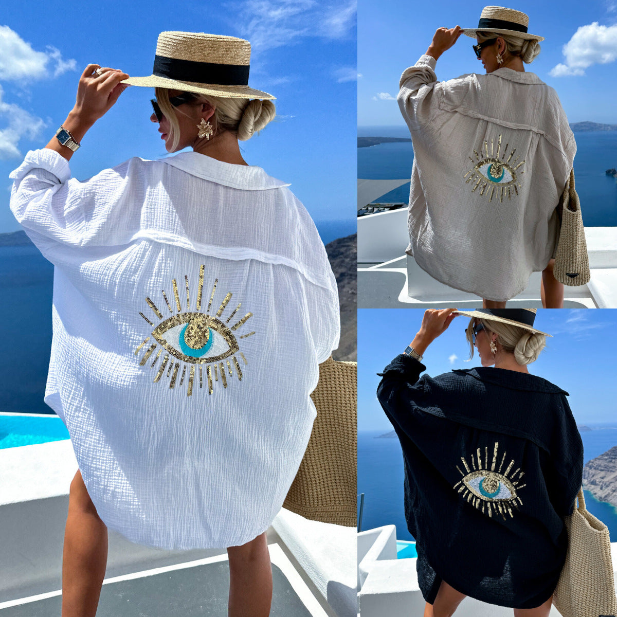 Damen luftige Strandbluse mit glänzendem Eye-Design R&B