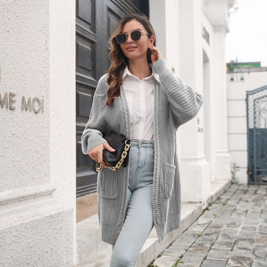 Damen Lässige Strickjacke mit tiefem V-Ausschnitt und praktischen Taschen R&B