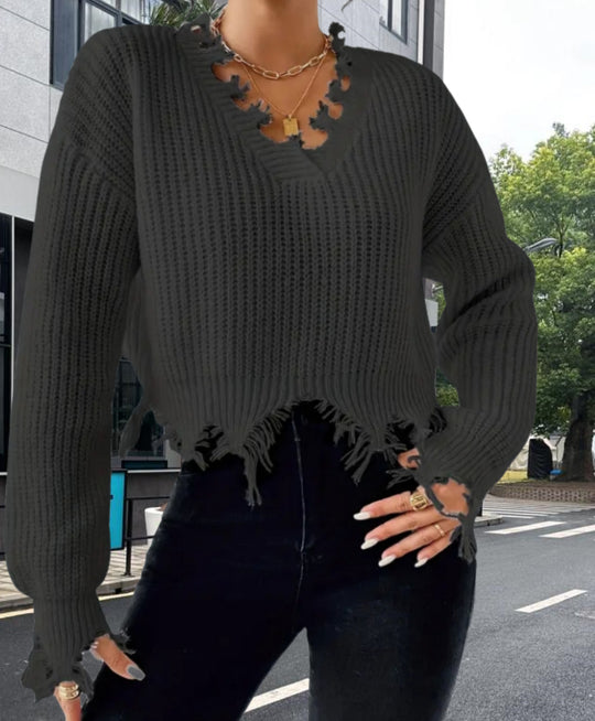 Damen Oversized Strickpullover mit fransigem Saum und raffiniertem Ausschnitt R&B