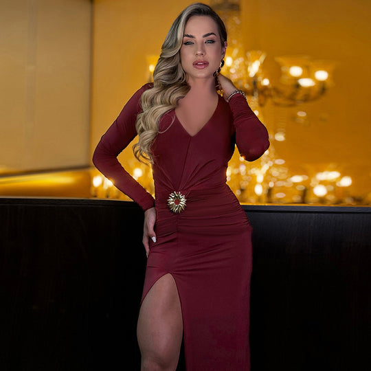 Damen elegantes langärmliges Abendkleid mit Raffung und hohem Schlitz R&B