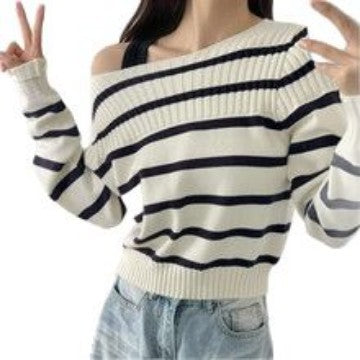 Damen Off-Shoulder Streifenpullover mit Rippstruktur R&B