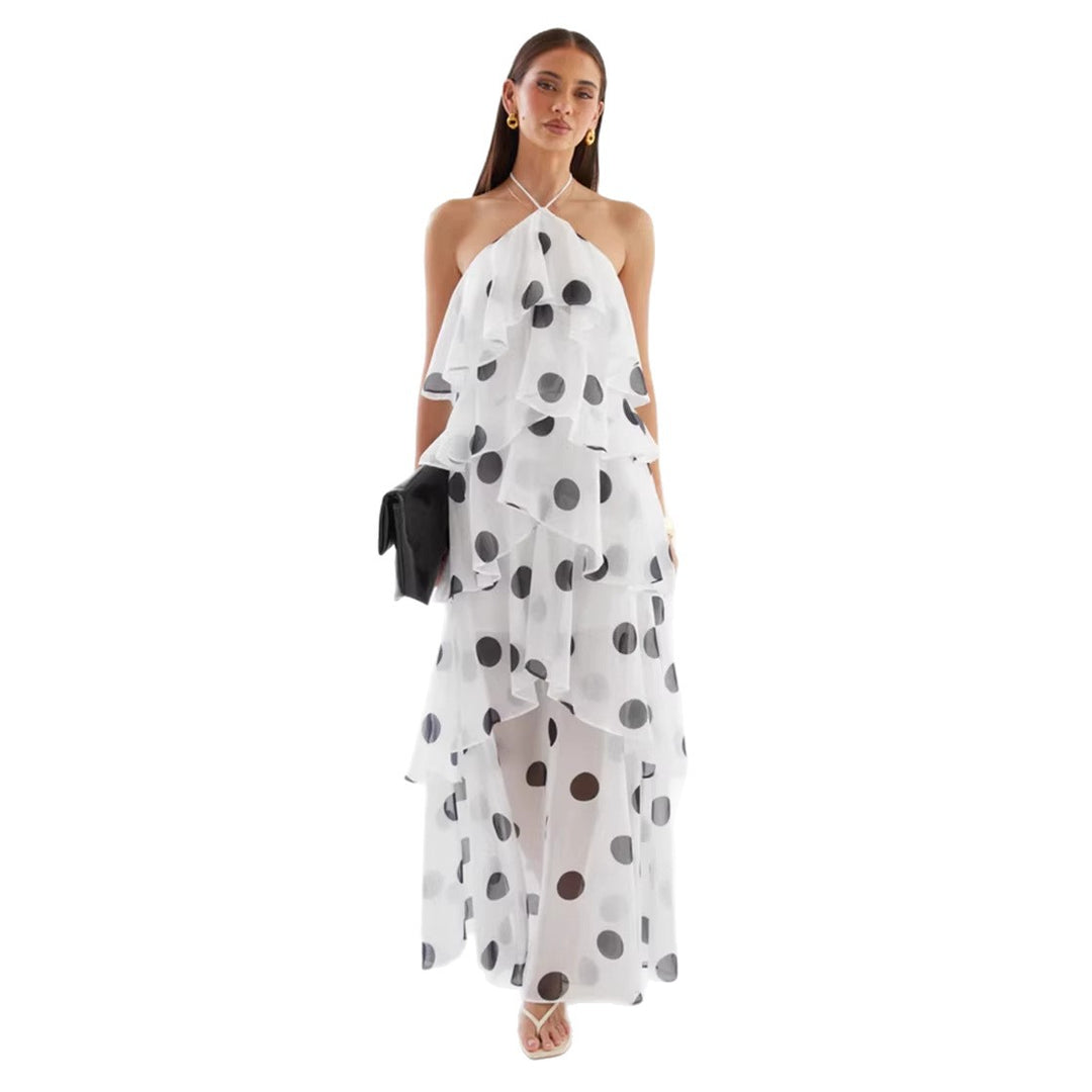 Damen Maxikleid mit schwingenden Volants und modernen Punkten R&B
