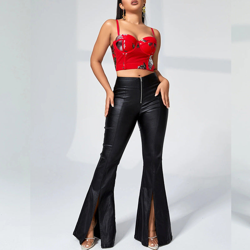 Damen Kunstlederhose mit seitlichen Schlitzen