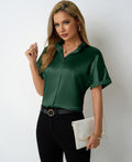 Damen elegante Satinbluse mit klassischem Kragen und umgeschlagenen Ärmeln R&B