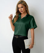 Damen elegante Satinbluse mit klassischem Kragen und umgeschlagenen Ärmeln R&B
