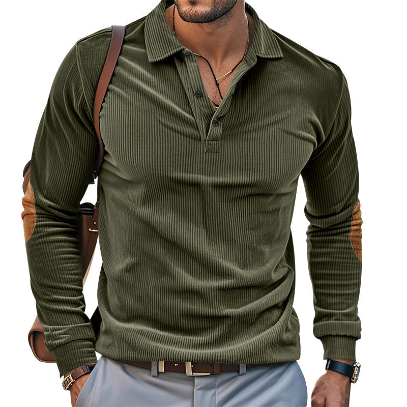 Herren lässiges Langarm-Henley-Shirt mit strukturiertem Rippenstoff und kontrastierenden Ellbogenpatches R&B